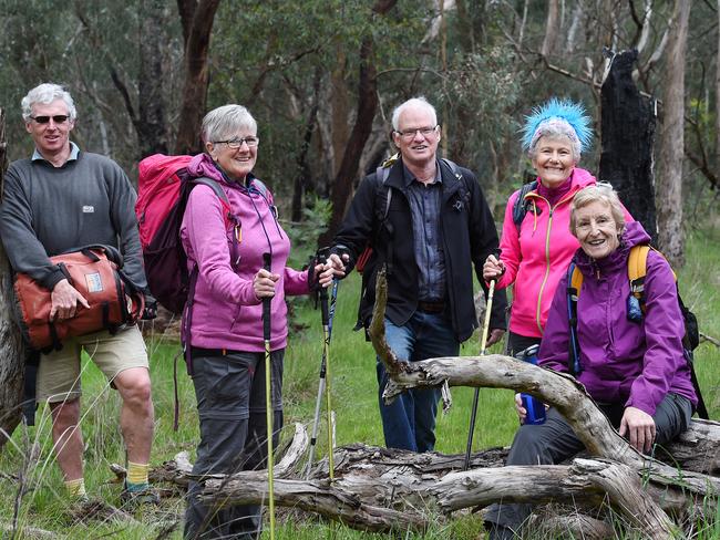 Waverley Bush Walking Club members Ken Reynolds, Elisabeth Woollard, John Powell, Barbara Davies, and Helen Browne in their bush walking gear at Jells Park. Picture: Steve Tanner