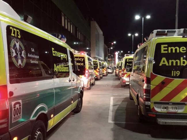 05/11/2018 Supplied photo taken by paramedics outside the new $2.4 billion Royal Adelaide Hospital. Eighteen ambulances were cued for hours trying to transfer patients to the hospital but there was a lack of beds.