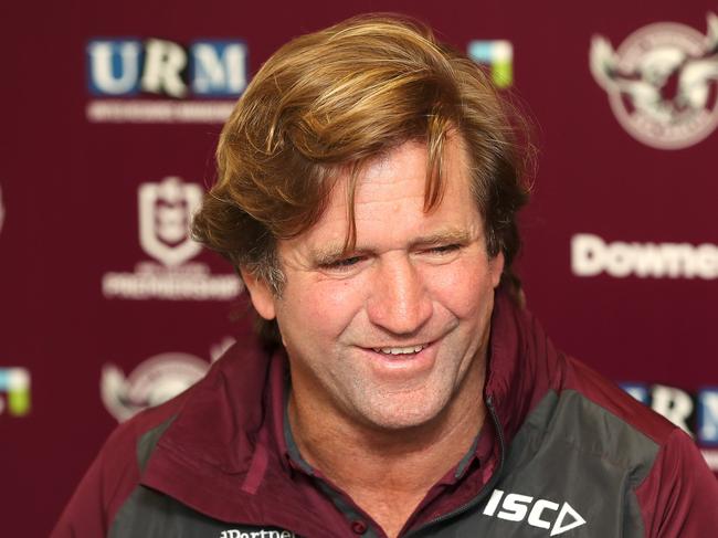 Manly head coach Des Hasler speaks to the media after the Round 3 NRL match between the Manly Sea Eagles and New Zealand Warriors at Christchurch Stadium in Christchurch, New Zealand, Saturday, March 30, 2019. (AAP Image/Martin Hunter) NO ARCHIVING, EDITORIAL USE ONLY