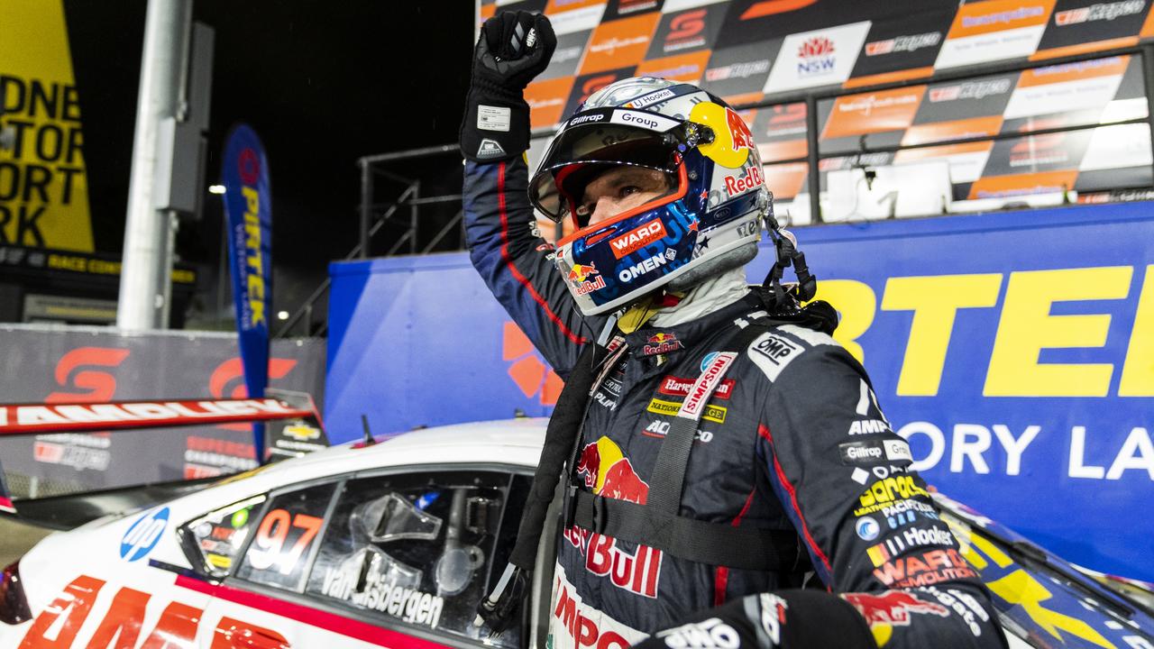 SYDNEY, AUSTRALIA - NOVEMBER 20: Shane van Gisbergen drives the #97 Red Bull Ampol Holden Commodore ZB celebrates after winning race 1 of the Sydney SuperNight which is part of the 2021 Supercars Championship, at Sydney Motorsport Park, on November 20, 2021 in Sydney, Australia. (Photo by Daniel Kalisz/Getty Images)