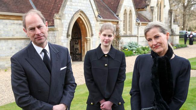 Prince Edward, Earl of Wessex (L), Sophie, Countess of Wessex, (R) and Lady Louise Windsor (C) attend Sunday service at the Royal Chapel of All Saints, at Royal Lodge, in Windsor.