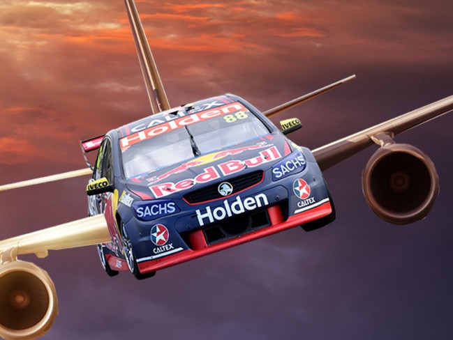 Take off speed: A  Boeing 747 reaches speeds of 290km/h to get off the ground ... At the bottom of Conrod Straight Jamie Whincup, in his Red Bull Racing Australia Holden, is travelling in excess of 300km/h. It’s lucky his V8 SuperCar doesn’t have wings. He’d land somewhere out the back of Bourke. This picture has been digitally altered.