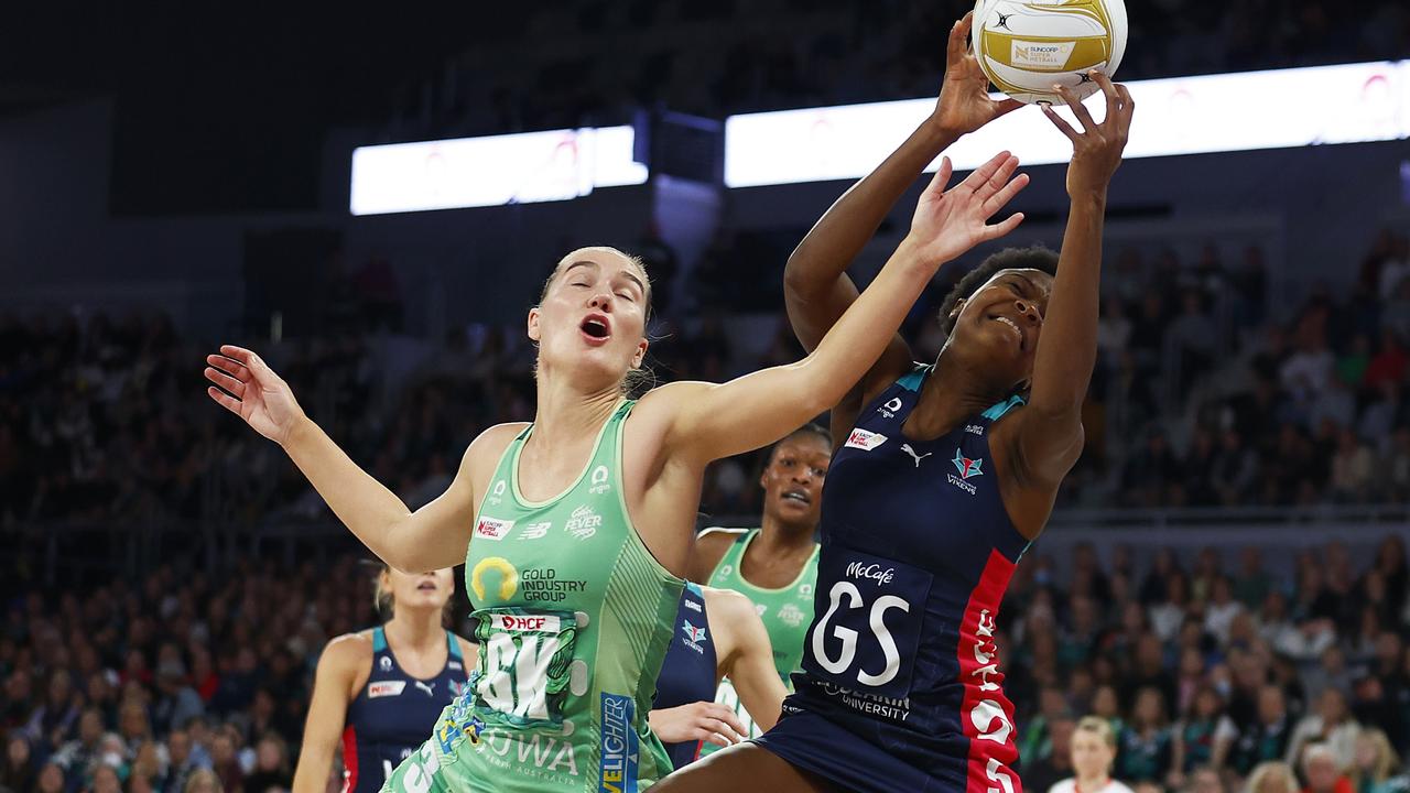 Fever captain Courtney Bruce (left), challenging Vixens shooter Mwai Kumwenda for the ball, was outstanding in defence, helping her side to a home final. Picture: Getty Images