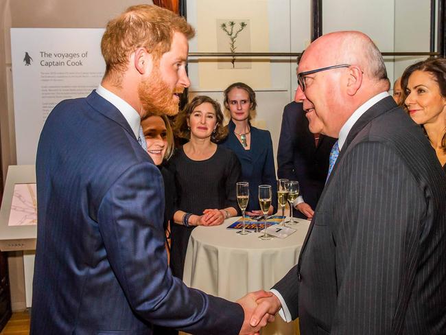 Prince Harry meets Australian High Commissioner George Brandis at the Natural History Museum, London. Picture: Facebook