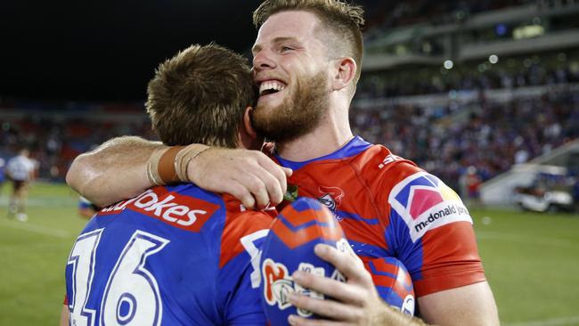 Jamie Buhrer and Lachlan Fitzgibbon enjoy the win over the Sea Eagles.