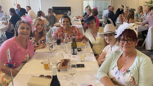 Melbourne Cup in Port Macquarie: Tarin Miller, Jodie Barry, Jo Wynter, Carol Baker, Gabrielle Pope and Ann-Margaret Rooney celebrating at Tacking Point Tavern.