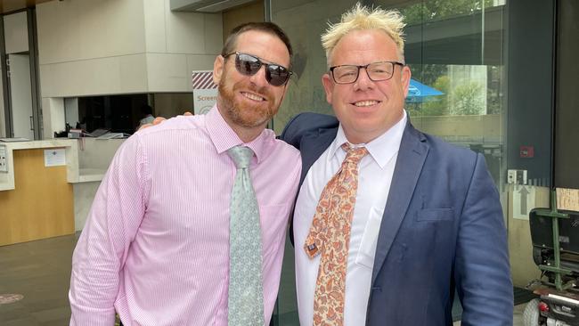 Jason Akermanis with lawyer Paddy O'Donnell leaving the Ipswich Courthouse on February 15, 2023. Picture: Nicola McNamara