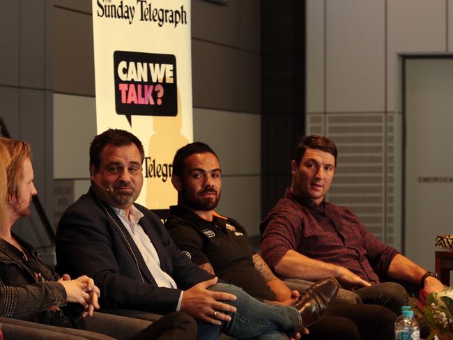 From left (facing the camera): Lifeline CEO Pete Shmigel and NRL State of Mind ambassadors Dene Halatauat and Nathan Hindmarsh on the panel. Picture: John Fotiadis