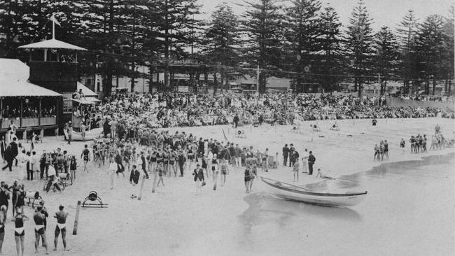 A banana boat drawn up on the sand at Manly. Picture Northern Beaches Library