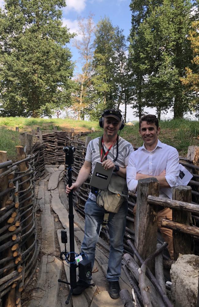 In-depth and on location … members of the Anzac360 team filming in WW1 German trenches near Polygon Wood in Belgium