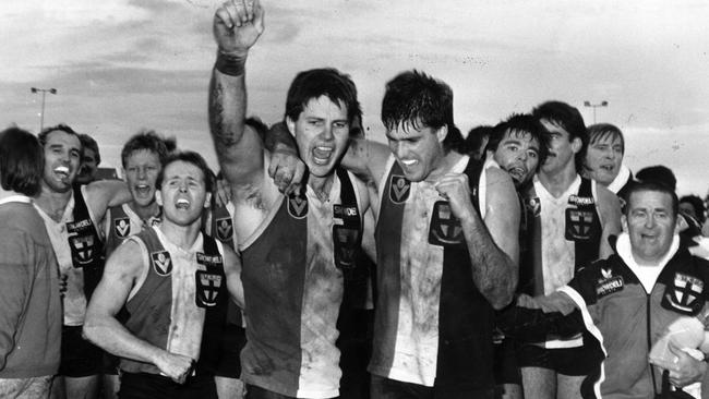 Danny Frawley celebrates a win over Geelong in 1988.