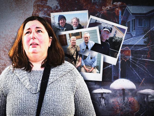 24 April 2025; In a quiet town, the mystery of a deadly meal unfolds, leaving a trail of grief and unanswered questions. Family photos and ominous mushrooms paint a chilling picture of the tragedy that struck at the heart of Leongatha. As the investigation continues, the community grapples with the unsettling silence surrounding the case. Sources: iStock and Supplied. Artwork by Frank Ling. Ratio 4:3. For DIGITAL.