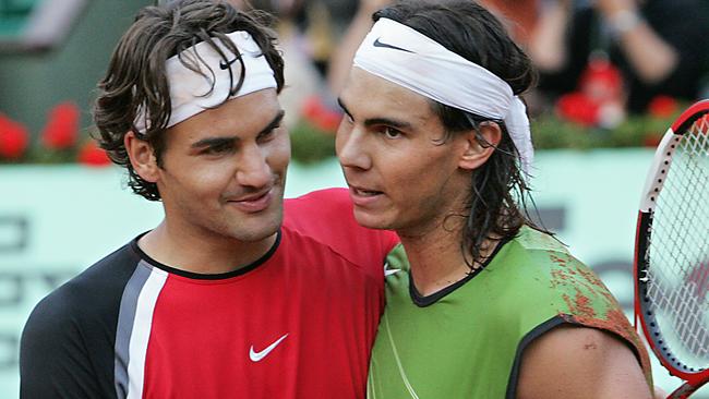 Roger Federer with Rafael Nadal after competing at the French Open semi-final match in 2005. Picture: AFP