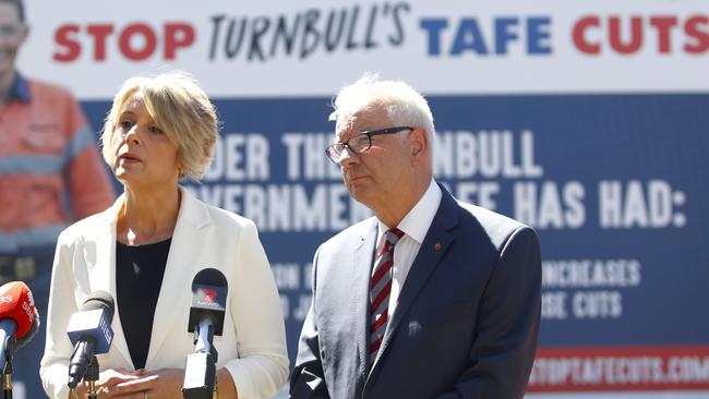 Former NSW premier and Federal Labor Candidate for Bennelong Kristina Keneally (left) talks to the media as Senator Doug Cameron listens at Meadowbank TAFE in Sydney. Picture: AAP