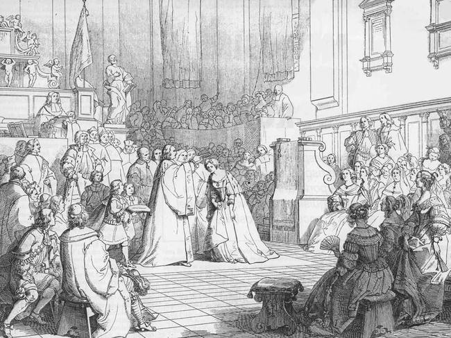 A 19th century illustration by Giuseppe Gatteri of Elena Cornaro Piscopia becoming the first woman awarded a doctorate of philosophy in 1678. Public domain