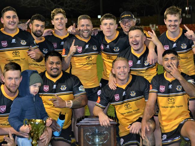 Gatton Hawks A-grade side celebrate the win.