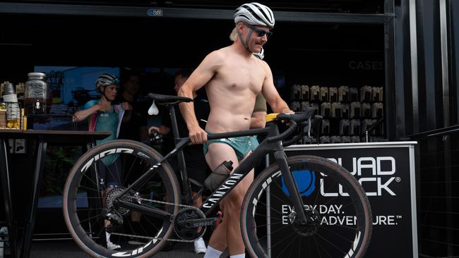 Formula 1 Driver Valtteri Bottas prepares to lead the RADL GRVL riding in Budgie Smugglers as part of the Tour Down Under. Picture: Naomi Jellicoe