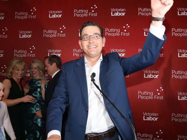 Daniel Andrews on stage at the Mulgrave Country Club at the end of the election night. Picture: Alex Coppel.