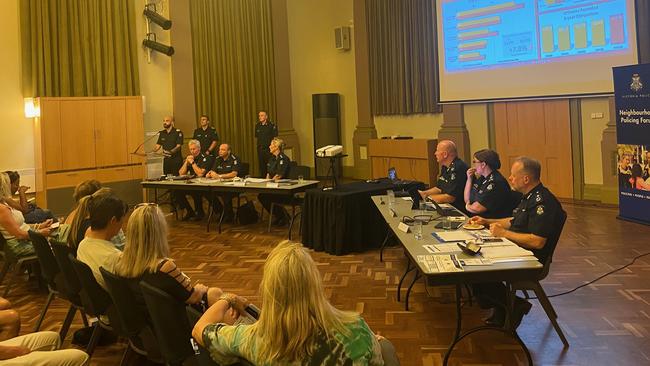 Police address Stonnington residents at Prahran Town Hall after a wave of criminal activity in the area. Picture: Euan Kennedy