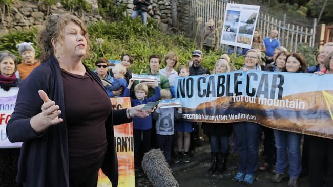 Alderman Anna Reynolds speaking to cable car protesters on Saturday. Picture: MATHEW FARRELL