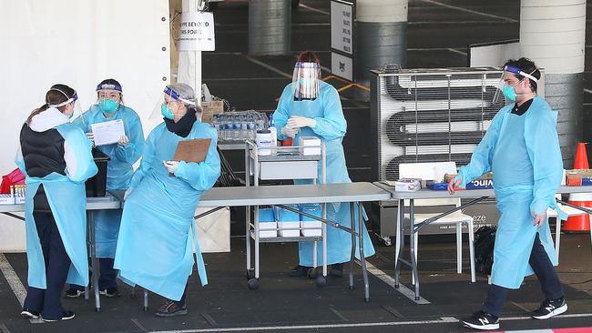 Testers at a COVID-19 testing drive-through centre in Broadmeadows. Picture: NCA NewsWire/Ian Currie