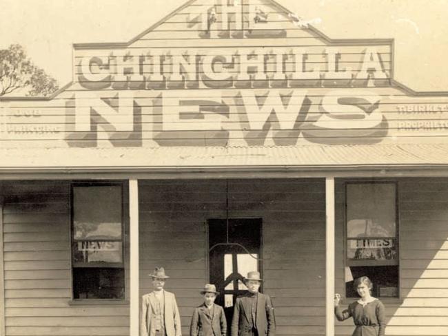 The Chinchilla News building -The Chinchilla news-job printing-Thomas Birkett, proprietor.Left to right: W.O. Brie, Sydney Blanchard, D. Hoare, O Mackay (later Mrs Frank Mann) 1915.