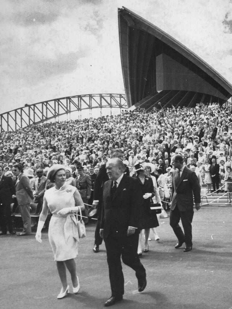 <b>1973 – Sydney</b> Just three years later the Queen was back in Australia with Prince Philip to open the Sydney Opera House, a “one-purpose visit” which she described as something of an innovation. “We always enjoy our longer and more elaborate visits to Australia – especially the last, which gave us the chance to talk informally to so many Australians,” she said. “But I think this visit symbolises the contemporary relationship between Crown and people particularly well. The speed of modern travel, and the growing ease and informality of our relations – all the closer for that, I believe – make this sort of visit possible, desirable and appropriate.”