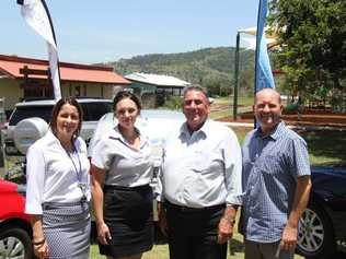 Ipswich Community Youth Service manager Amanda Margerison, PCYC development officer Angela Holter, Somerset Mayor Graeme Lehmann and Dale Press of Southern Cross Advanced Driving School at the Lowood launch of Braking the Cycle. 