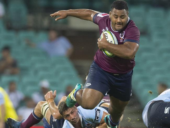 Taniela Tupou of the Reds is tackled during the Round 4 Super Rugby match between the NSW Waratahs and the Queensland Reds at the SCG in Sydney, Saturday, March 9, 2019. (AAP Image/Craig Golding) NO ARCHIVING, EDITORIAL USE ONLY