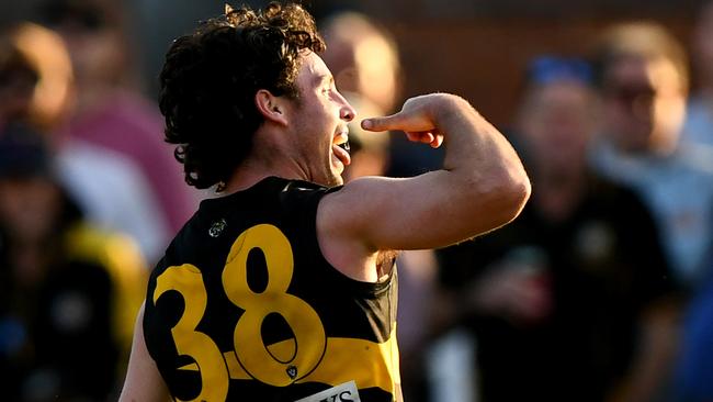 Ethan Johnstone celebrates kicking a goal for Dromana in the 2023 grand final. (Photo by Josh Chadwick)