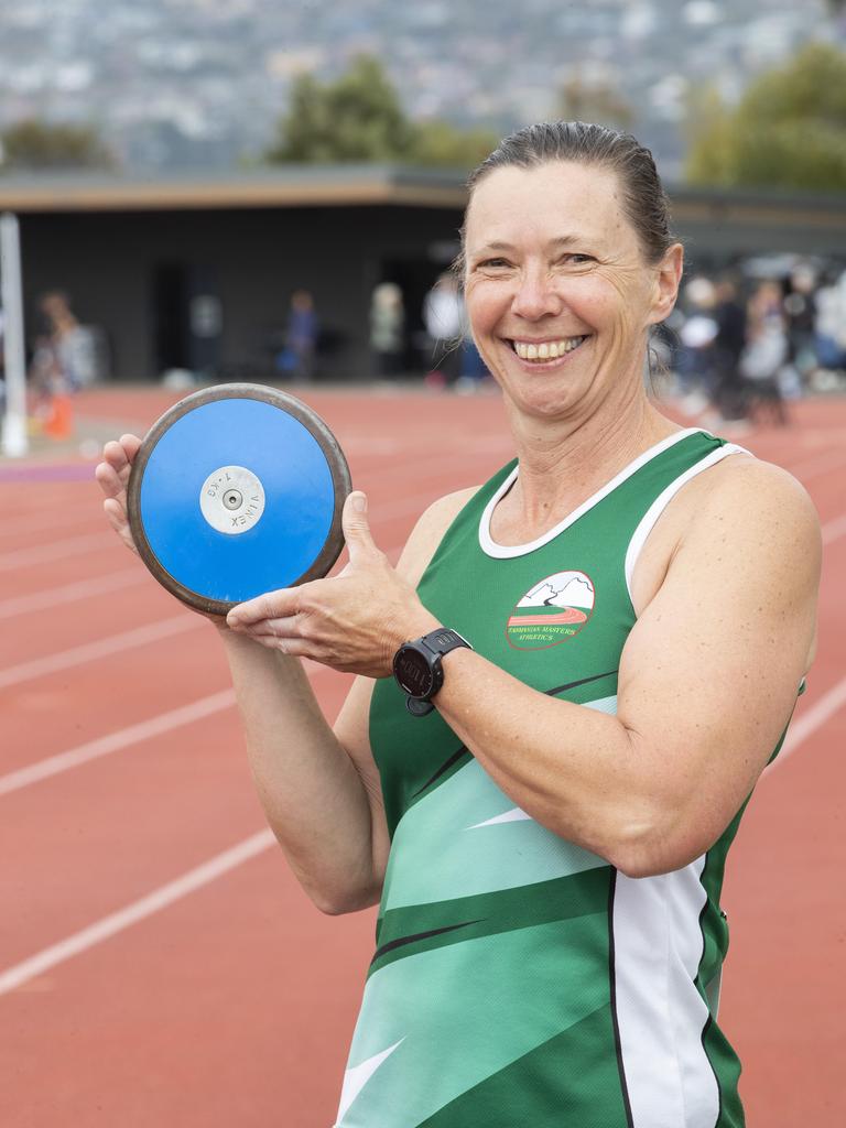 2024 Australian masters games at the Domain Athletics Centre, Cathy McKeown W50 Tas Discus National Champion. Picture: Chris Kidd