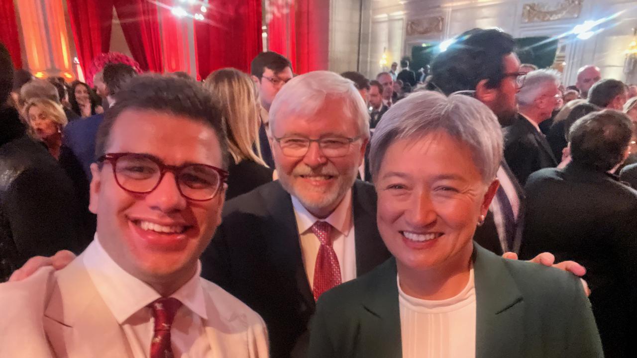 Media consultant James Radford with Kevin Rudd and Penny Wong at the Newsmax ball in Washington.