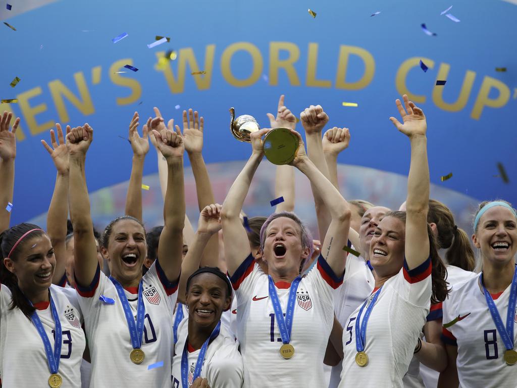 United States' Megan Rapinoe lifts up a trophy after winning the Women's World Cup final soccer match between US and The Netherlands at the Stade de Lyon in Decines, outside Lyon, France, Sunday, July 7, 2019. Picture: AP