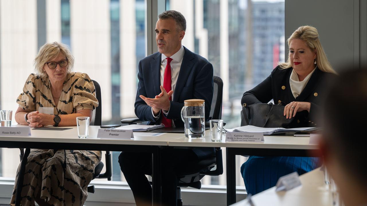 Domestic violence victim Rosie Batty, Premier Peter Malinauskas and Prevention of Domestic Violence Minister Katrine Hildyard at the roundtable into domestic violence on Wednesday. Picture: Naomi Jellicoe