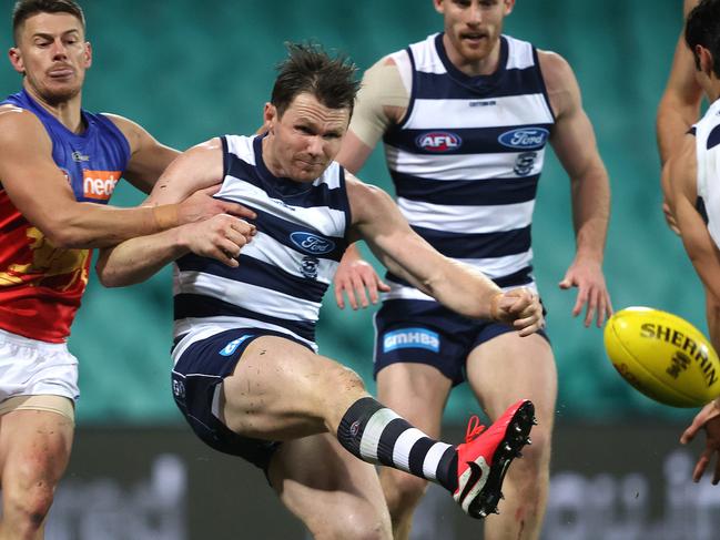 Geelong's Patrick Dangerfield kicks clear  during the AFL match between the Geelong Cats and Brisbane Lions at the SCG on 9th July 2020, Sydney. Picture. Phil Hillyard