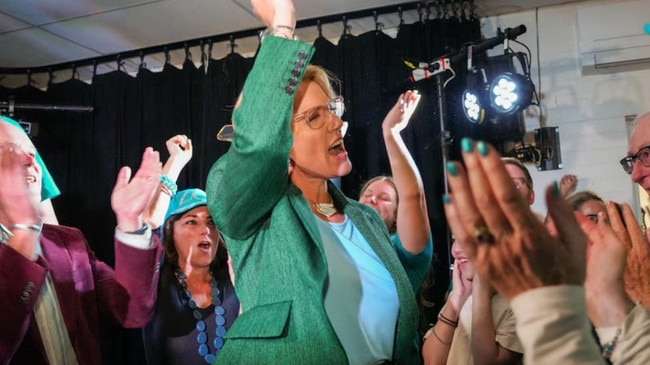 Teal independent Zoe Daniel celebrates what she thought was a victory on election night. Picture: ABC
