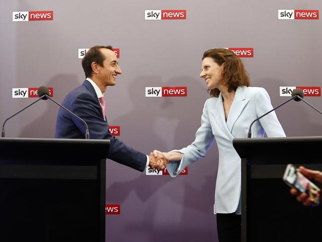 Pictured in the Members Stand at the Sydney Cricket Ground are Liberal MP Dave Sharma and independent candidate for Wentworth Allegra Spender during the Sky News Wentworth People’s Forum. Picture: Richard Dobson