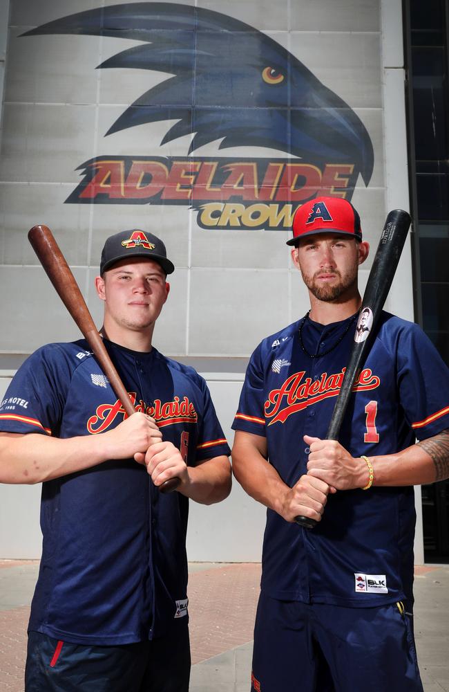 Adelaide duo Mitch Edwards and Aaron Whitefield, when the Giants were still named the Bite before their rebranding, at Adelaide FC headquarters in 2019. Picture: Dean Martin