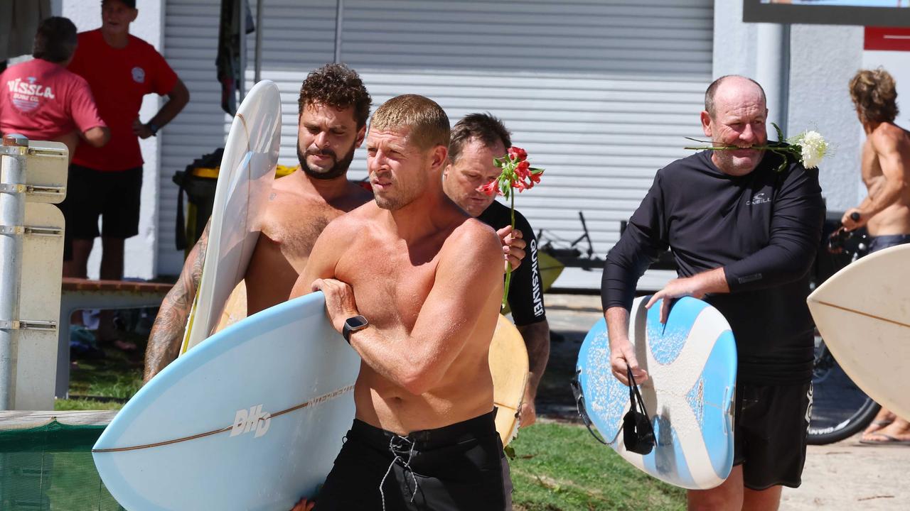 Mick Fanning at a memorial on the Gold Coast for his brother Ed Fanning (48) who died from a sever infection in March while he was living and working in Madagascar. Picture: NCA NewsWire/Tertius Pickard