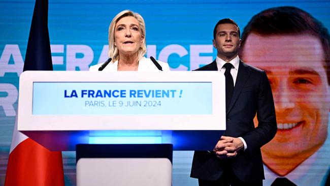 National Rally leader Marine Le Pen, left, and party president Jordan Bardella. Picture: AFP