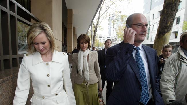 Sunrise presenters Melissa Doyle and David Koch with newsreader Natalie Barr in background leave Melbourne Magistrates Court.