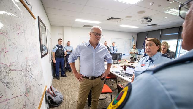 Prime Minister Scott Morrison and his wife Jenny visiting the flood affected NSW town of Windsor. Pics shows the PM meeting frontline emergency responders at Windsor Police Station. Chief Inspector Karen Clogher leads the briefing to the PM.