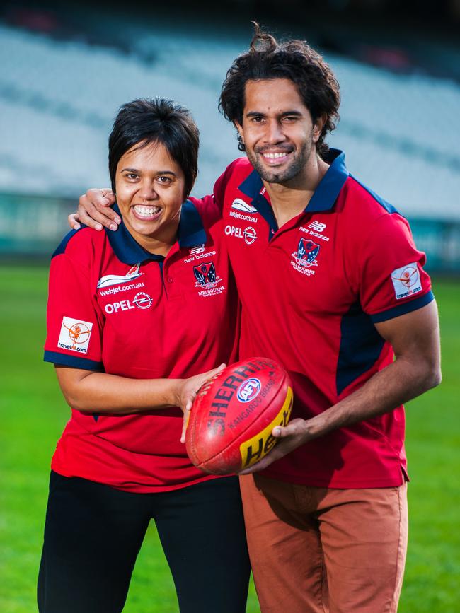 Bronwyn Davey with her brother, ex-Melbourne forward Aaron Davey, before the first women’s AFL match in 2013. Picture: News Corp