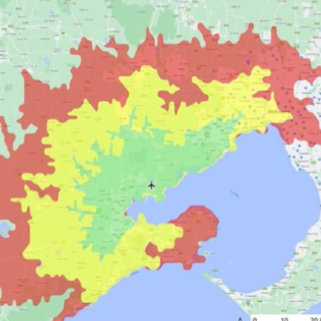 Map showing drive times from Avalon airport. Red is 60mins, yellow is 45mins and green is 30 mins.