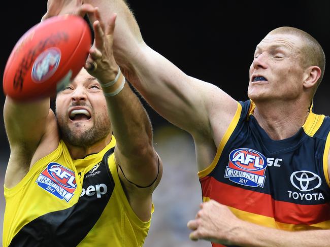 Toby Nankervis of the Tigers and Sam Jacobs of the Crows contest during the AFL grand final between the Adelaide Crows and Richmond Tigers at the MCG in Melbourne, Saturday, September 30, 2017. (AAP Image/Julian Smith) NO ARCHIVING, EDITORIAL USE ONLY