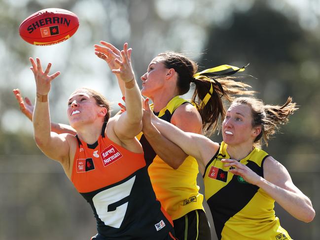 Huntington competes for a contested mark during her return game against Richmond. Picture: Mark Metcalfe/Getty Images