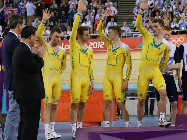 Men's Team Pursuit silver medallists Jack Bobridge, Glenn, O'Shea, Rohan Dennis and Michael Hepburn at the London Olympics.