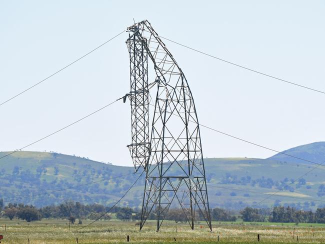 A damaged power tower on private property near Melrose in South Australia.