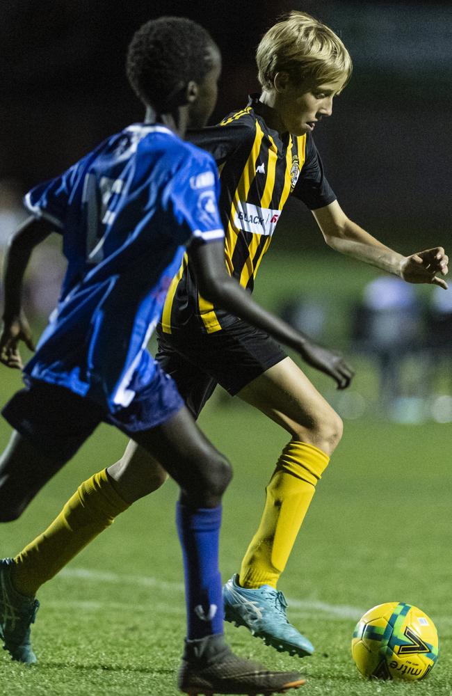 Mac Alcorn of Football Dalby against Rockville Rovers Blue in Football Queensland Darling Downs Community Juniors U13 Div 1 White grand final at Clive Berghofer Stadium, Friday, August 30, 2024. Picture: Kevin Farmer