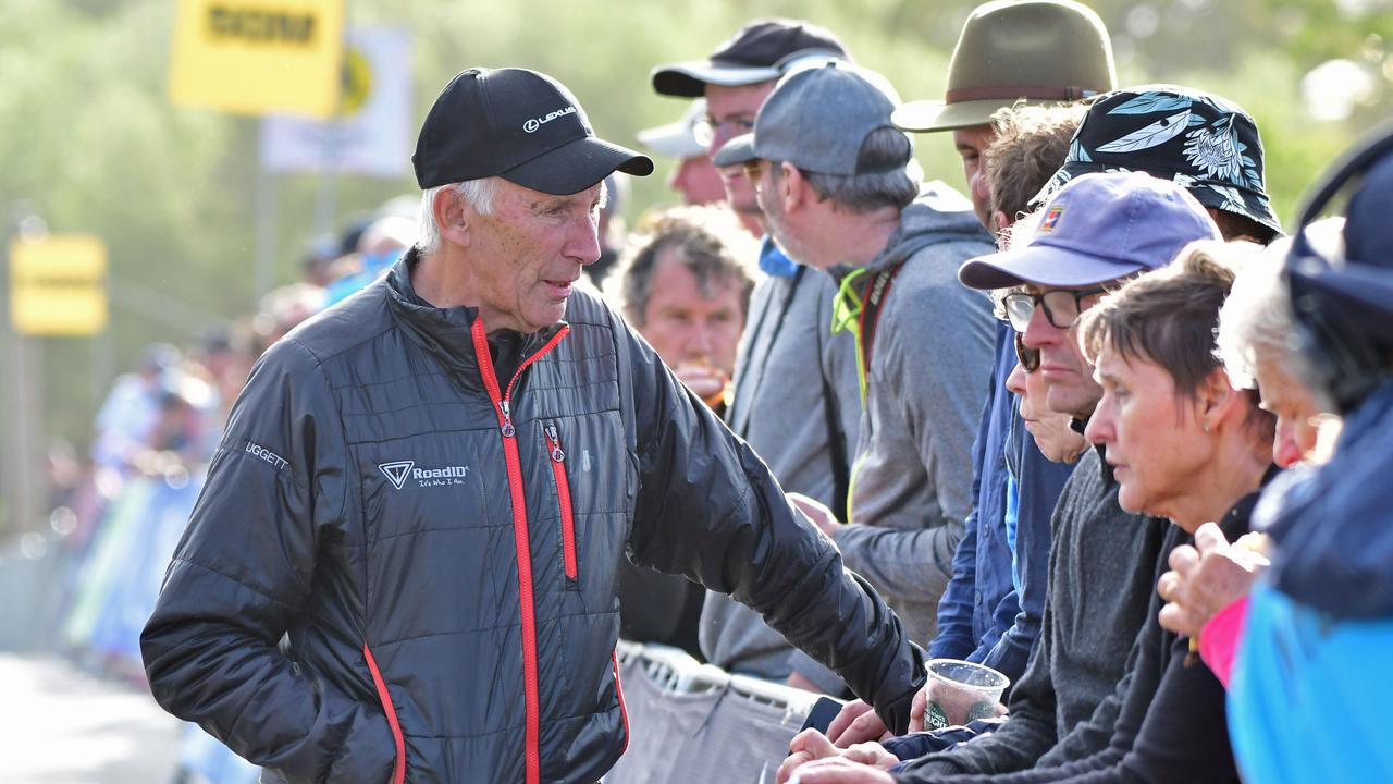 Phil Liggett chats with the crowd during Stage 2 of the Bay Crits in Geelong. Picture: Stephen Harman